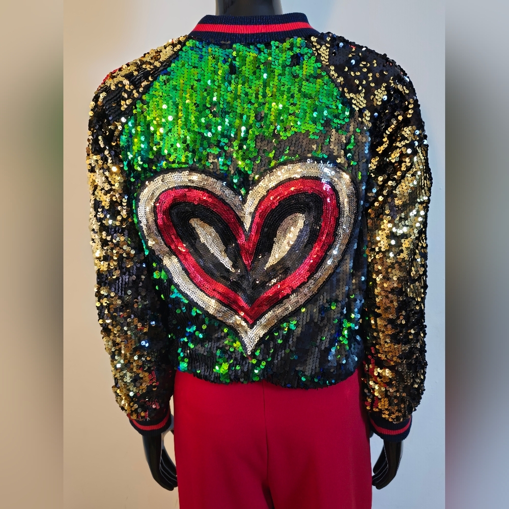 Vibrant Sequin Heart Bomber Jacket
